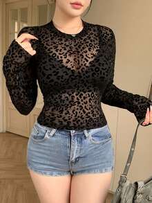 Dazy Plus Leopard Print Tight Sexy Sexy Black Mesh Women's Top Fall - Black - View 3
