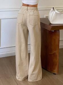 Dazy Tall Women's Loose Straight Leg Long Pants Button Decor Urban Casual Denim Jeans - Khaki - View 2