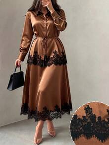 Modelyn Elegant Lace Patchwork Satin Drape Tie Long Sleeve Blouse & Full Skirt Two Pieces Set For Women Plus Size - Brown - View 3