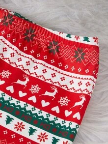 Santa Claus Tween Girl Autumn/Winter Pajamas Fair Isle Knitted Stretchy Ribbed Snug Fit Top Pants Allover Print Striped Cartoon Christmas Reindeer - Red - View 5