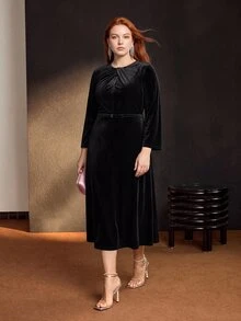 MOTF PREMIUM VELVET KNIT BOW BELT FLARED SLEEVE MID-LENGTH DRESS AUTUMN/WINTER - Black - View 7