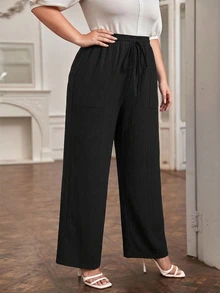 Comfylo Women's Plus Size Casual Solid Color Wide Leg Pants With Waist Tie, Autumn/Winter - Black - View 4