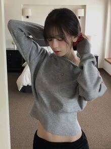 DAZY Solid Asymmetrical Neck Crop Sweater - Grey - View 6