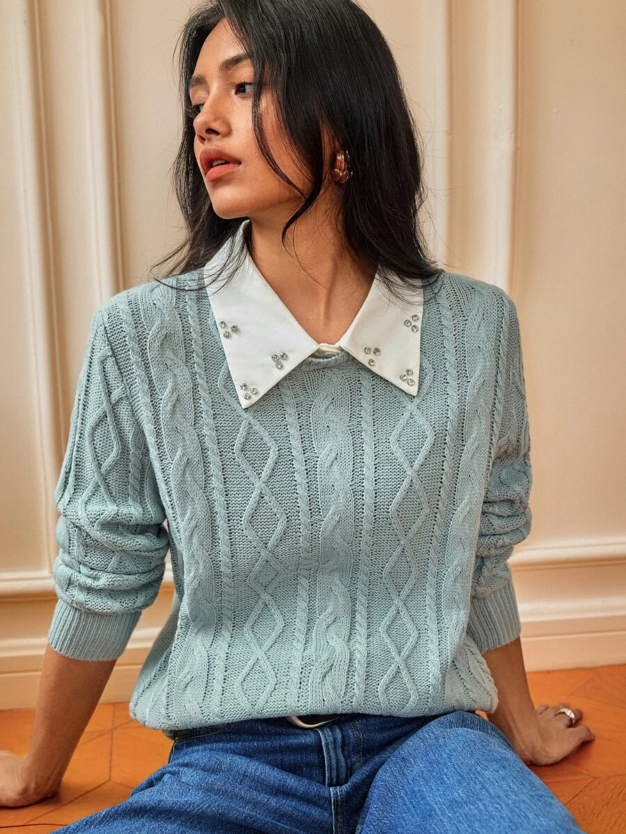 SHEIN 女款秋冬拼接水鑽翻領長袖休閒毛衣 - Limelight Green - 查看 1