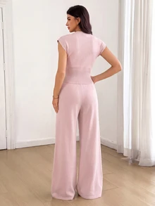 SHEIN Tall 女款卡其色單排扣短袖針織上衣與長褲2件套，適合夏季度假與機場穿搭 - 粉色 - 查看 2
