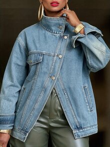 Slaydiva Plus Size Women's Asymmetrical Wrap Denim Jacket With Plus Size Pockets And Snap Button, High Neck Winter Casual Blouses Halloween Christmas - Light Wash - View 2