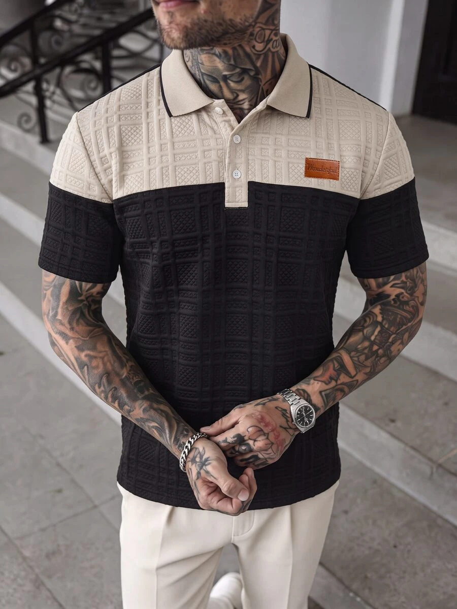 EGENSIO Premium Diamond Quilted Short Sleeve Polo Shirt For Men With Contrast Collar And Shoulder Leather Patch, Versatile Everyday Commute Top - Black - View 1
