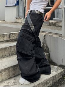 STEELVANCE Street Retro Fashion Versatile Washed Heavy Duty Multi-Pocket Raw Edge Design Loose Straight Leg Wide Leg Casual Denim Jeans For Daily Wear (Belt & Accessories Not Included) - Black - View 4