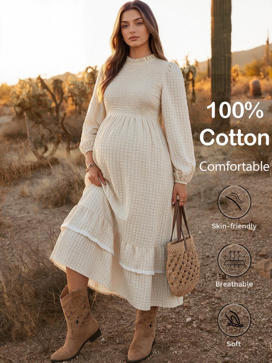 Boho Mama Maternity Solid Color Pleated Casual Party Travel Summer Dress - Khaki - View 1