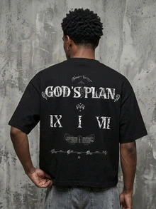 Manfinity ZONE917 美式復古哥德風做舊 GOD'S PLAN 圖案黑色短袖短版 T-shirt - 黑色 - 查看 5