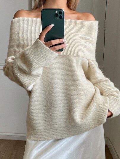 DAZY Solid Color Loose Off-Shoulder Long Sleeve Cold Shoulder Casual Vacation Korean Style Daily Versatile Autumn Winter Knit Sweater For Women