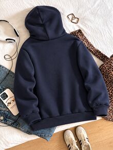 SHEIN 1件青少年女孩軟綿可愛甜美風皇家藍連帽衛衣，柔軟面料，寬鬆舒適，正面印花臘腸犬幼犬圖案，連帽內裡藍黃條紋，全印同款幼犬圖案，羅紋袖口與下擺，簡約百搭，適合日常穿著與校園穿搭，中厚度，秋冬款，1件保暖抓絨內裡 - 藍色 - 查看 2