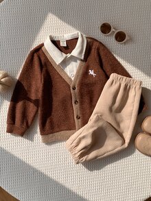 SHEIN 中性嬰兒男童幼兒秋冬休閒百搭拼接拼色2合1襯衫套裝，外套套裝 - 藏蓝色 - 查看 5