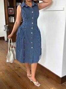 Rivivi Summer New Striped Print Loose Fit Plus Size Denim Sleeveless Dress - Blue - View 6