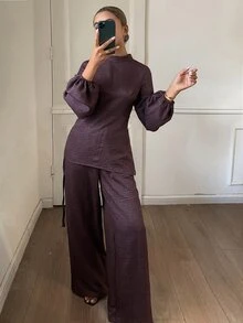 Dazy Tall Solid Color Fitted Waist Drawstring Stand Collar Long Sleeve Pullover Shirt & Wide Leg Pants Elegant Vacation Spring Autumn Women 2pcs Set - Coffee Brown - View 2