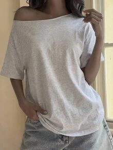 DAZY 青少年女孩純色不對稱肩短袖休閒寬鬆T恤 - 灰色 - 查看 5