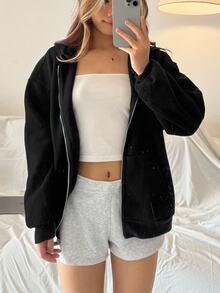 SHEIN 青少年女孩針織純色雙口袋寬鬆休閒衛衣 - 黑色 - 查看 6
