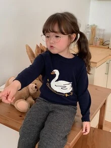 DAZY Infant Girl Round Neck Cartoon Long Sleeve Color Block Autumn Winter Sweater - Navy Blue - View 6
