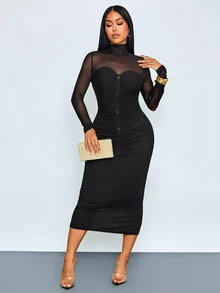 SOLERSUN Women's Mock Neck Mesh Long Sleeve Contrast Fabric Decorative Button Bodycon Midi DressDaily Leisure And Parties - Black - View 7