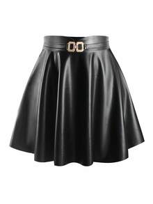 SHEIN PETITE تنورة سوبر ميني متعددة الاستخدامات للنساء من سلسلة Petite بحافة مظلية من مادة PU - الأسود - مشاهدة 1