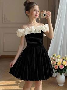 SHEIN Pitira Tween女孩秋季洋裝，收腰設計，優雅休閒日常穿著，派對穿搭，姊妹款拍照風格，親子套裝 - 黑色 - 查看 1