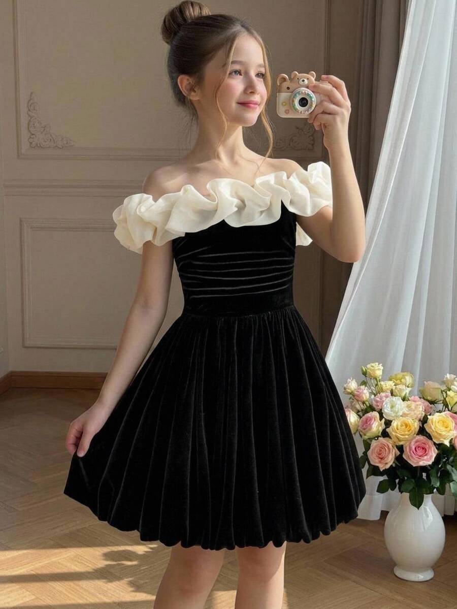 SHEIN Pitira Tween女孩秋季洋裝,收腰設計,優雅休閒日常穿著,派對穿搭,姊妹款拍照風格,親子套裝 - 黑色 - 查看 1