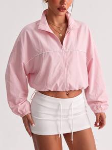 Dewbera Dewbera Solid Color Stand Collar Casual Loose Minimalist Short Long Sleeve Sports Jacket - Pink - View 4