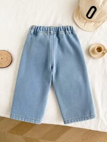 SHEIN Playful Pals Baby Boy Elastic Waist Thermal Line Denim Jeans - Light Wash - View 2