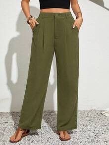 SHEIN VCAY Plus Size Casual Versatile Button Pocket Pleated Pants - Army Green - View 5