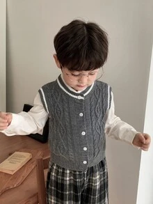 DAZY Infant Boys Casual Contrast Color Autumn/Winter Layering Korean Style Solid Color Cardigan - Grey - View 5