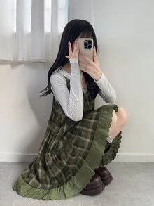 DAZY 青少年女孩格紋百褶休閒日常外出細肩帶上衣 - 綠色 - 查看 3