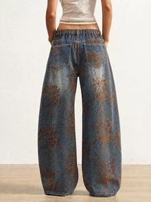 SHEIN MOD Women's Plus Size Floral Print Pocket Wide Leg Loose Fit Denim Jeans - Blue - View 2