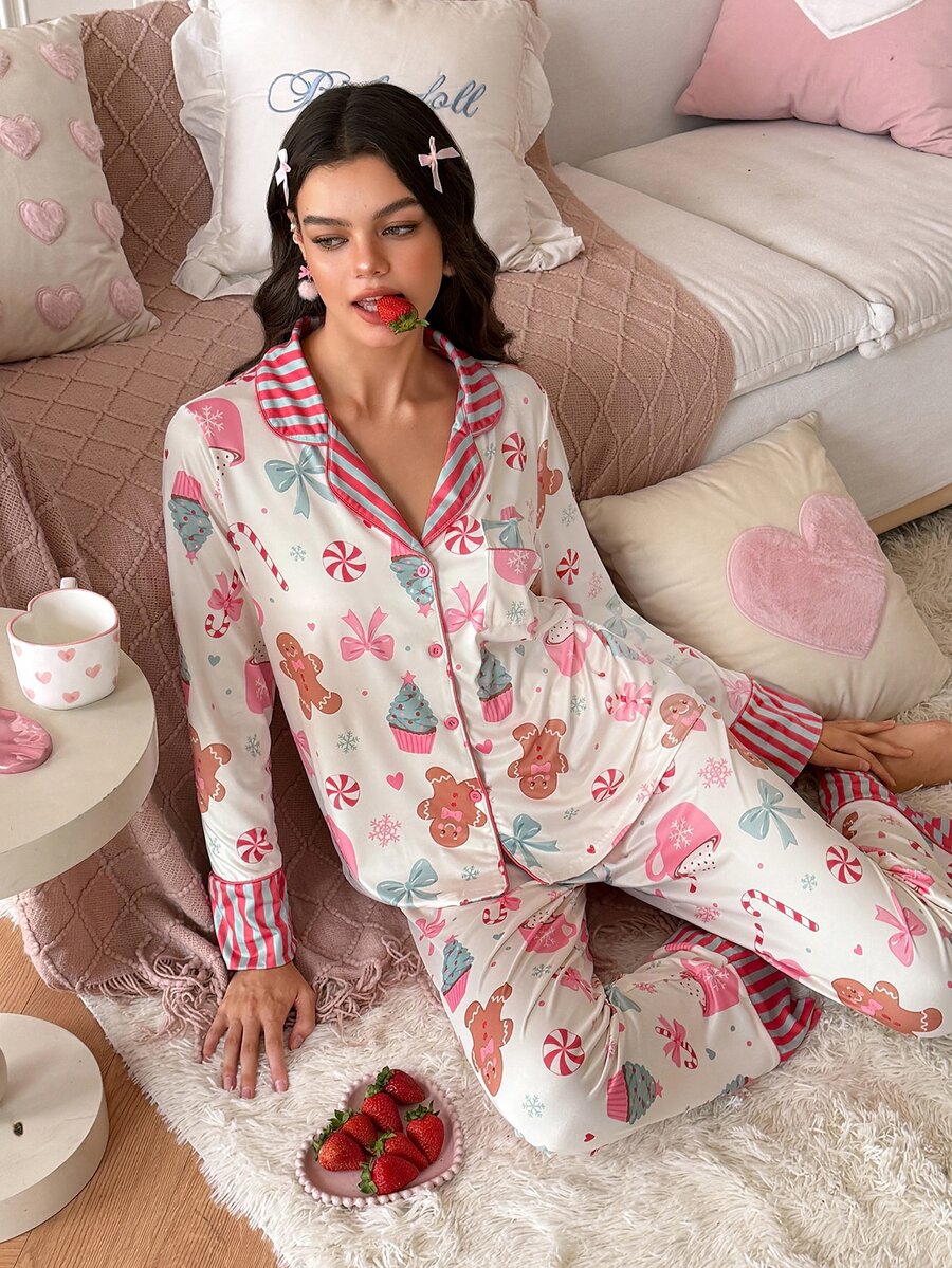 SweetSlumber Young Fashion Leopard Leaf Star Striped Print Lapel Open Front Long Sleeve Pants Pajama Set For Women - Multicolor - View 1