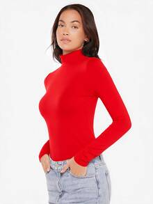 SHEIN BASICS 女款高領長袖羅紋針織修身T恤上衣，黑色 - 紅色 - 查看 3