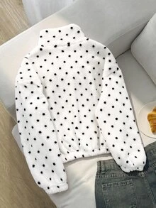 SHEIN 兒童青少年女孩針織蝴蝶結毛絨立領半拉鍊拼接寬鬆休閒長袖秋冬衛衣 - 白色 - 查看 2