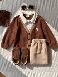 SHEIN 中性嬰兒男童幼兒秋冬休閒百搭拼接拼色2合1襯衫套裝，外套套裝 - 藏蓝色 - 查看 3