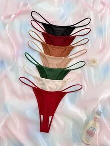 SHEIN مجموعة 7 قطع من سراويل داخلية نسائية بتصميم ثونغ بحزام رفيع ناعم ومريح - متعدد الألوان - مشاهدة 2