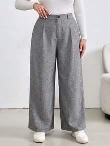 SHEIN Essnce Women's Plus Size Grey Wide-Leg Pants , Stylish, Casual, Loose, And Comfortable With An Elastic Waist (Fall/Winter), Bottom, Retro Style - Grey - View 5