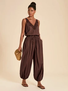 Travachic Women's Lace Patchwork Casual Daily Wear Romper - Coffee Brown - View 3