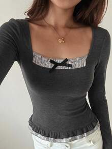 DAZY Women's Dark Gray Square Neck Bowknot Ruffle Trim Fitted Long Sleeve Sweet Short T-Shirt - Black - View 9