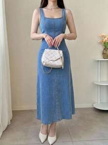 DAZY Đầm denim giặt màu trơn sát nách cổ bẻ phong cách thường ngày cho nữ mùa hè - Rửa nhẹ - Xem 2