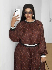 Maweii Plus Size Women's Brown Vintage All-Over Logo Print New Fashion Round Neck Long Sleeve Mid-Length Commuter Dress - Multicolor - View 6
