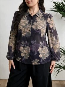 Modelyn Plus Size Floral Print Button Long Sleeve Shirt For Vacation - Multicolor - View 3