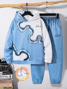 SHEIN 兒童青少年男孩休閒運動風丹寧效果印花連帽衛衣與運動長褲套裝，適合秋冬、學校、家庭聚會、度假、派對，秋季穿搭、冬季穿搭，男孩套裝兒童套裝 - 彩色 - 查看 2