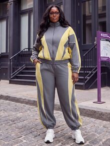 Slaydiva Plus Size Striped Colorblock Zip-Up Top And Loose Pants 2 Pieces Set - Multicolor - View 4