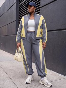 Slaydiva Plus Size Striped Colorblock Zip-Up Top And Loose Pants 2 Pieces Set - Multicolor - View 9