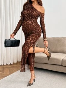 SHEIN فستان حمل بكتف غير متماثل وطبعة نمر وأكمام طويلة وفتحة جانبية عند الحافة - بني - مشاهدة 9