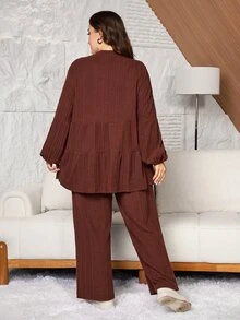 Lacomfia Plus Size Women Stand Collar, Lantern Split Long Sleeve, Fuzzy Textured, Split Stand Collar Shirt Top Patchwork Ribbed Casual Autumn Winter Loose Comfortable Two Pieces Set - Coffee Brown - View 2