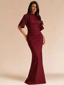 SHEIN BAE Spring Summer Solid White Short Sleeve Fitted Pleated Elegant Long Dress For Women - Burgundy - View 6