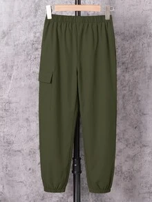 SHEIN 兒童青少年男孩休閒運動軍綠色工裝冬褲，紅黑印花貼袋鬆顯抽繩夏季款，適合上學、日常、旅行 - 軍綠色 - 查看 3
